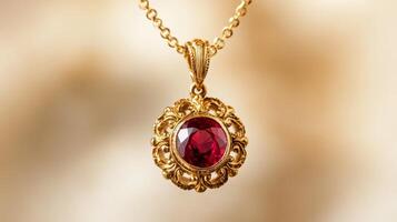 Gold Chain Necklace with Ruby Pendant and Intricate Design photo