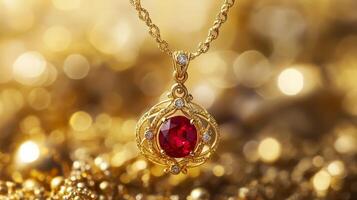 Ruby Pendant Necklace with Gold Setting and Diamond Accents photo