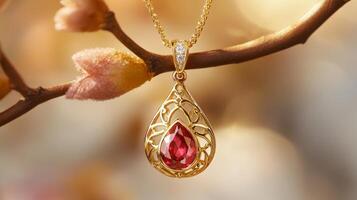 Gold Pendant with Ruby Gemstone and Delicate Chain photo