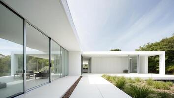 A modern home with glass walls and a patio photo