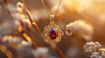 Gold Ruby Pendant Necklace with Floral Design on Golden Background photo