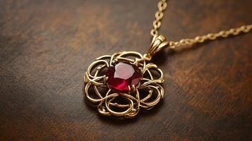 Elegant Ruby Pendant Necklace with Gold Chain on Wooden Background photo