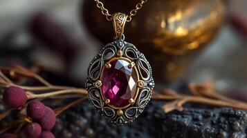 Ruby Pendant Necklace with Intricate Gold Detail photo