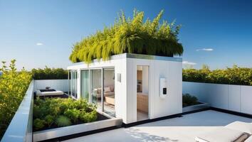 A rooftop garden with a green roof photo