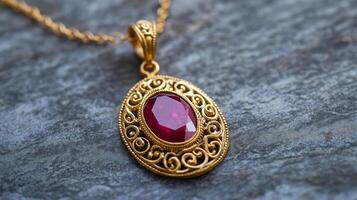 Ruby Pendant Necklace with Intricate Gold Design photo