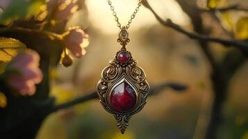 Intricate Gold Pendant with Ruby Gemstone on Delicate Chain Natural Background photo