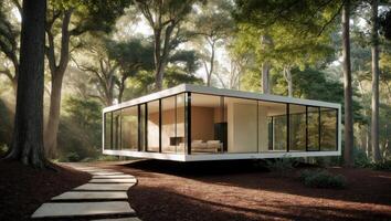 A modern house in the woods with a path leading to it photo