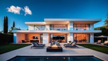 A modern home with a pool and patio photo