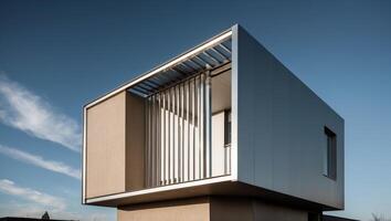 A modern house with a metal frame and a metal screen photo
