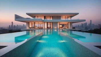 Modern house with pool and city skyline in the background photo