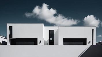 A modern white house with black windows and a sky background photo