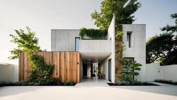 The modern house is surrounded by greenery photo