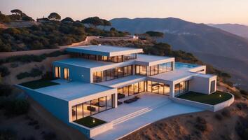 A modern house on a hillside with a view of the ocean photo