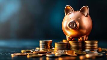 Resting amidst a cache of coins, the piggy bank symbolizes the importance of financial literacy and responsibility photo