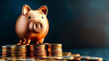 Piggy bank sits proudly atop a mound of gleaming coins, symbolizing the virtues of thrift and savings photo