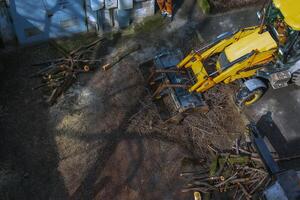 A bulldozer collects branches after pruning trees. View from above photo