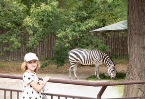 Little girl standing by railing, watching zebra grazing in zoo under the shade of trees. The scene captures moment of curiosity and wonder photo