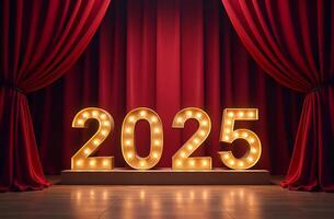 beautiful red velvet curtain adorns the stage, golden number 2025. Circus concert, theater, Christmas and New Year 2025, performance photo