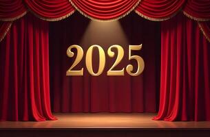 Happy New Year 2025. The background of the theater stage with a red curtain photo