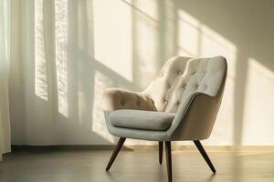 Chic modern chair with button tufts and angular wooden legs isolated photo