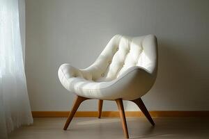 Chic modern chair with button tufts and angular wooden legs isolated photo