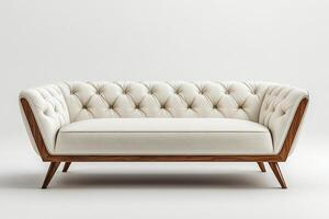 Chic modern sofa with button tufts and angular wooden legs isolated photo