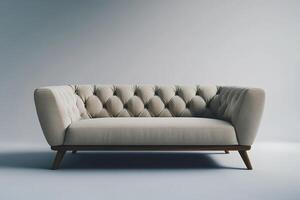 Chic modern sofa with button tufts and angular wooden legs isolated photo