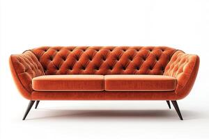 Chic modern sofa with button tufts and angular wooden legs isolated photo