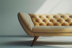 Chic modern sofa with button tufts and angular wooden legs isolated photo