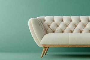 Chic modern sofa with button tufts and angular wooden legs isolated photo