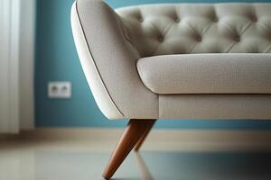 Chic modern sofa with button tufts and angular wooden legs isolated photo