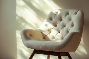 Chic modern chair with button tufts and angular wooden legs isolated photo