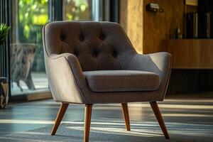 Chic modern chair with button tufts and angular wooden legs isolated photo