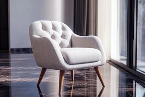 Chic modern chair with button tufts and angular wooden legs isolated photo