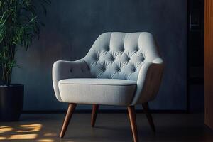 Chic modern chair with button tufts and angular wooden legs isolated photo