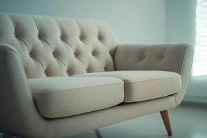 Chic modern sofa with button tufts and angular wooden legs isolated photo