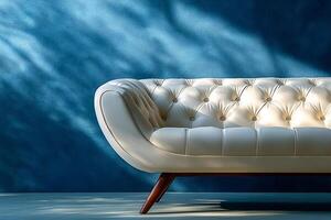 Chic modern sofa with button tufts and angular wooden legs isolated photo