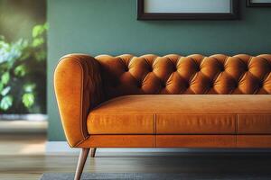 Chic modern sofa with button tufts and angular wooden legs isolated photo