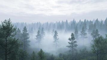 Foggy forest with trees and fog photo