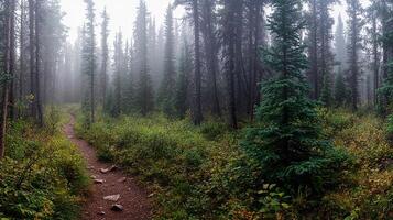 A trail in the foggy forest with trees and grass photo