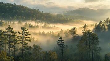 A forest with trees and fog in the morning photo
