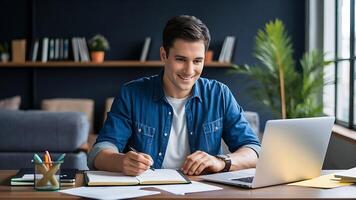 Portrait of a young business man in casual clothes working on a laptop computer at office or at home and writing at the desk making notes or calculations. Remote and freelance work concept. photo