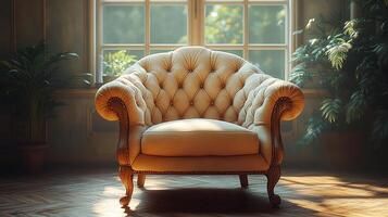An old chair sits in front of a window photo