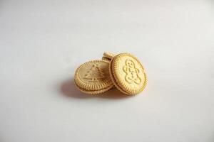 Round cookies with including Christmas symbols such as trees, snowmen and other holiday characters. Vanilla or butter sandwich cookies. photo
