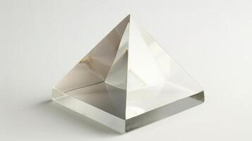 A clear crystal pyramid sitting on a light background, showcasing its geometric shape and reflective qualities photo