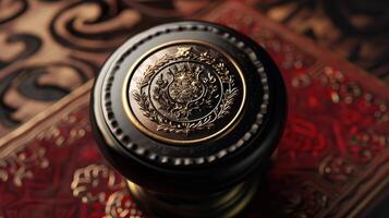 A detailed view of an ornate wax seal resting on an intricately designed paper background photo