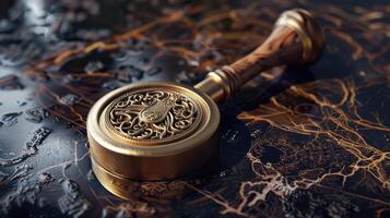 A detailed close-up of a vintage magnifying glass on an ornate marble table showcasing intricate craftsmanship photo