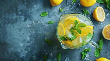 Refreshing pitcher of lemonade with mint and ice alongside fresh lemons on a textured surface in bright daylight photo