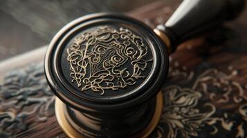 Intricately designed wooden gavel resting on a detailed carved surface in a dimly lit room, showcasing fine craftsmanship photo