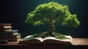 The tree grows from the book. A vibrant green tree grows out of an open book, symbolizing the power of knowledge and education. photo